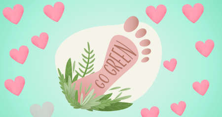 Composition of go green text and footprint logo over blue background. global conservation and earth day concept digitally generated image.の写真素材