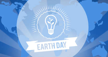 Composition of earth day text and plant light bulb logo over world map background. global...