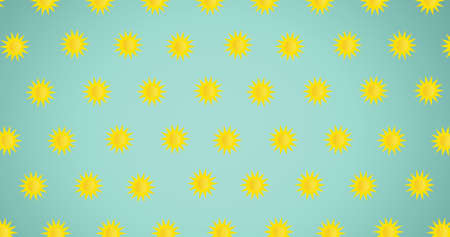 Composition of multiple suns repeated in grid over green background. global conservation and earth...