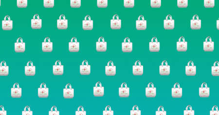 Composition of multiple shopping bags with eco text and logos over green background on. global conservation and earth day concept digitally generated image.の写真素材