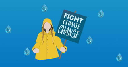 Composition of climate change text on placard held by person, with droplets over blue background. global conservation and earth day concept digitally generated image.の写真素材
