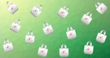 Composition of shopping bags with anti plastic text and globe logos repeated over green background....