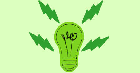 Composition of green light bulb and electricity bolts logo over green background. global conservation and earth day concept digitally generated image.の写真素材