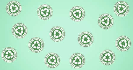 Composition of recycling text and logos repeated over green background. global conservation and earth day concept digitally generated image.の写真素材