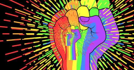 Multiple fist in rainbow colors on black background. lgbtq pride and equality celebration concept digitally generated video.の写真素材