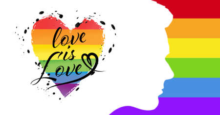 Love is love text over human head profile on rainbow stripes background. lgbtq pride and equality celebration concept digitally generated video.の写真素材