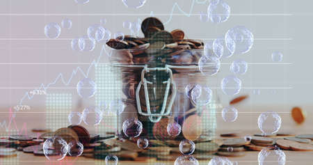 Multiple bubbles floating over financial data processing against multiple coins falling in glass jar. global finance and economy conceptの写真素材