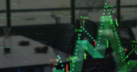 Digital composite image of financial data processing against empty office. global finance and...