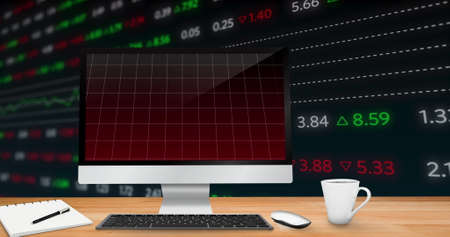 Image of statistics recording on computer screen with financial data processing. global finance and...