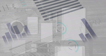 Digital composite image of statistical data processing against office equipment on desk. finance and...