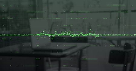 Digital composite image of green graphs over financial data processing against empty office. finance...