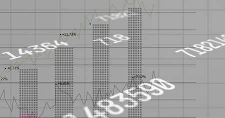 Digital image of multiple changing numbers floating against financial data processing on grey...