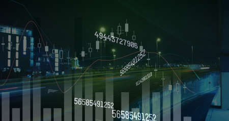 Digital image of financial data processing against night city traffic. global finances and business...