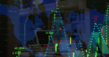 Digital composite image of financial data processing over world map against office desk. global...