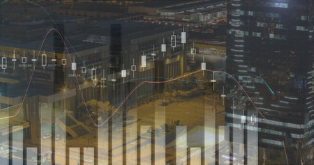 Digital image of graphs moving in the screen while background shows a view of the city in the evening. 4kの写真素材