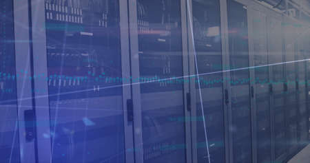 Image of digital interface with graphs and coronavirus cells over server room. Global digital...