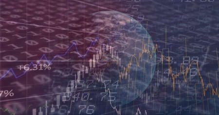 Image of financial data and binary coding processing over globe. global finance and business concept digitally generated image.の写真素材