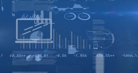 Digital image of financial data processing and digital icons moving against blue background. global...