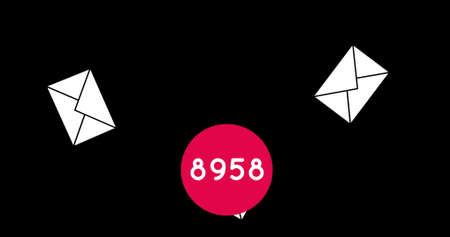 Image of envelope icons falling while numbers are going up to ten thousand on a pink dot on a black background 4kの写真素材