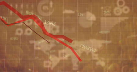 Red graphs and multiple changing numbers over statistical data processing and world map. finance and economy conceptの写真素材