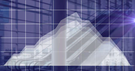 Grid network over 3d model of mountain against escalator in background. digital interface and technology conceptの写真素材