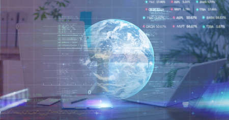 Digital composite image of stock market data processing over globe against office desk. global...