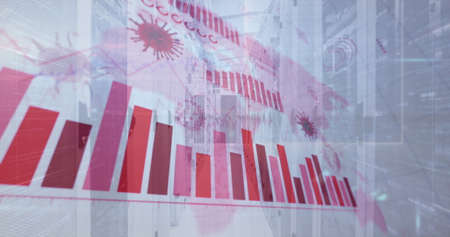 Image of digital interface with graphs and coronavirus cells over server room. Global digital network technology security concept digitally generated image.の写真素材