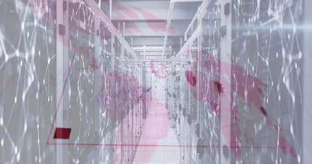 Image of digital interface with graphs and virus cells over server room. Global digital network...