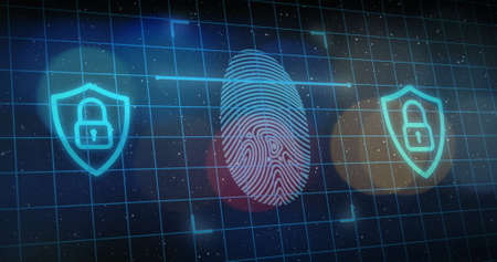 Image of digital interface online security padlock and biometric fingerprint reading over grid in...