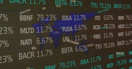 Digital composition of stock market data processing and multiple changing numbers against world map....