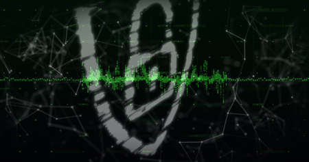 Image of digital interface with padlock over network of connections on black background. Global...