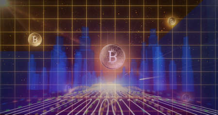 Image of binary coding processing over bitcoin symbols on grid with blue cityscape in the background. Global finance business cryptocurrency market concept digitally generated image.の写真素材