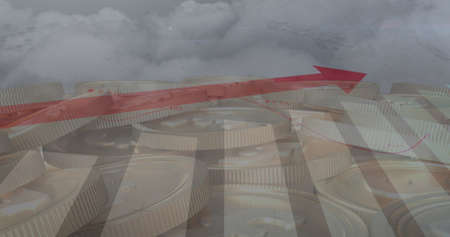 Digital composition of graphs moving over bitcoins against clouds in the sky. global finances and...