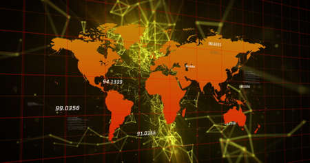 Image of floating network of connections over digital interface with world map on black background....