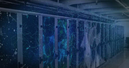 Image of digital online security padlock and chains over computer servers in tech room. Global...
