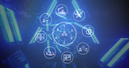 Image of digital interface with floating icons and circles over digital tunnel. Global digital...