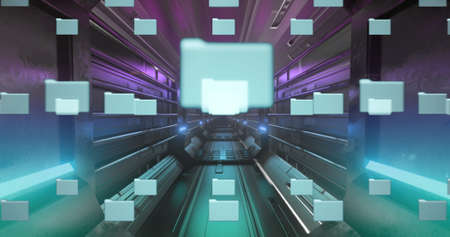 Image of digital interface with data processing, icons and padlock over digital tunnel. Global digital network technology security concept digitally generated image.の写真素材