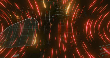 Image of digital interface with graphs and data processing over glowing lights on black background....