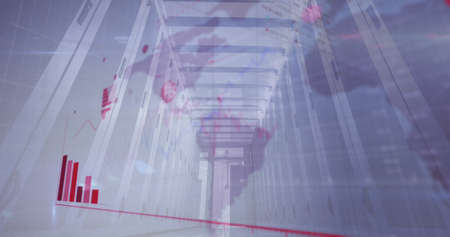 Image of digital interface with graphs and virus cells over server room. Global digital network...