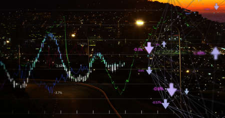 Image of financial data processing with arrows over cityscape and road traffic the background....