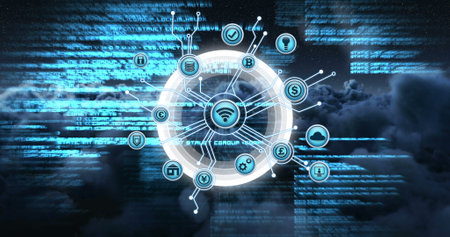 Digital image of vector icons of wireless internet connectivity at the center, branching out to...