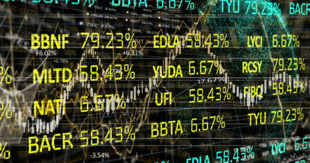 Image of financial data processing and charts floating on black background with rotating globe...