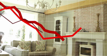 Image of financial data processing with red lines descending over house interior in the background....