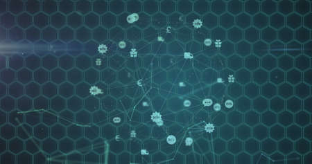 Image of network of connections with icons over hexagons. digital interface global connection and...