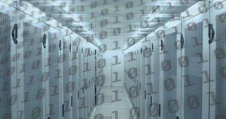 Image of binary coding numbers changing over computer servers. digital interface global connection...