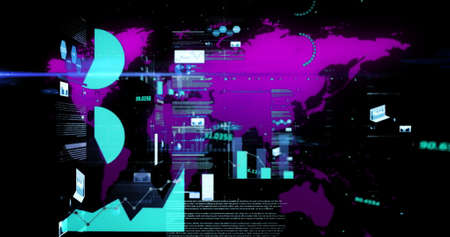 Image of financial data processing and statistics recording on blue background with purple world map. Global finances business concept digitally generated imageの写真素材