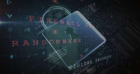 A computer screen view of  cyber crime detection with a sudden appearance of data encryption lock warning sign.の写真素材