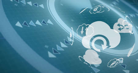 Image of scope scanning and cloud icons over grid. global connections, data processing and digital...