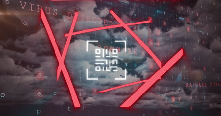 Image of glowing QR code with red neon elements and data processing with clouds on sky in the...