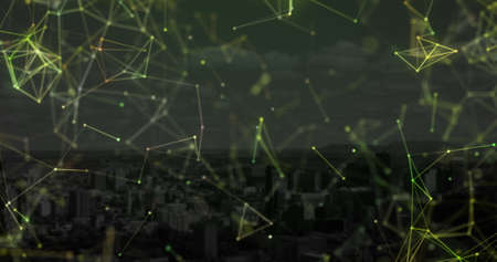 Image of floating digital network of connections over modern buildings. Global digital network...